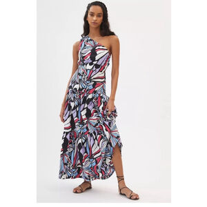 ✨ NEW Anthropologie One-Shoulder Tiered Maxi Dress Sz 8 NWT Boho Abstract Print